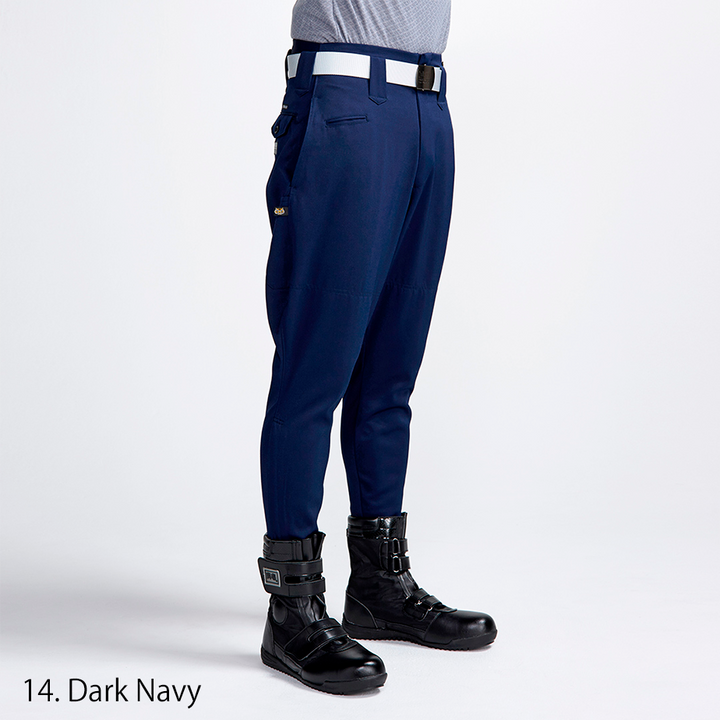 Side profile of Toraichi navy tobi pants with riding cut fit