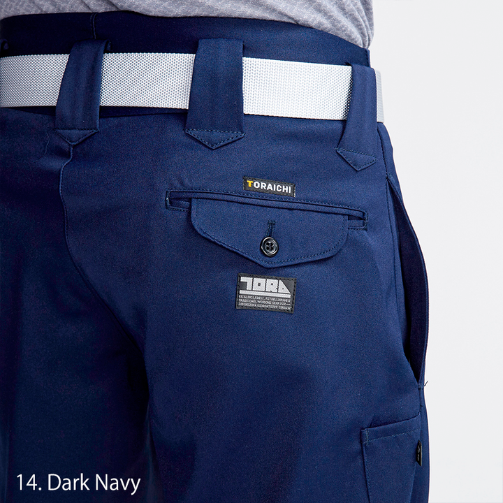 Rear belt loop and seam detail on Toraichi navy tobi pants