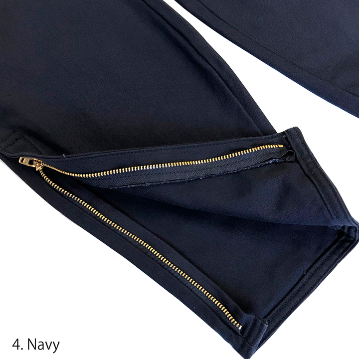 Waistband interior with lining pattern on Toraichi navy tobi trousers