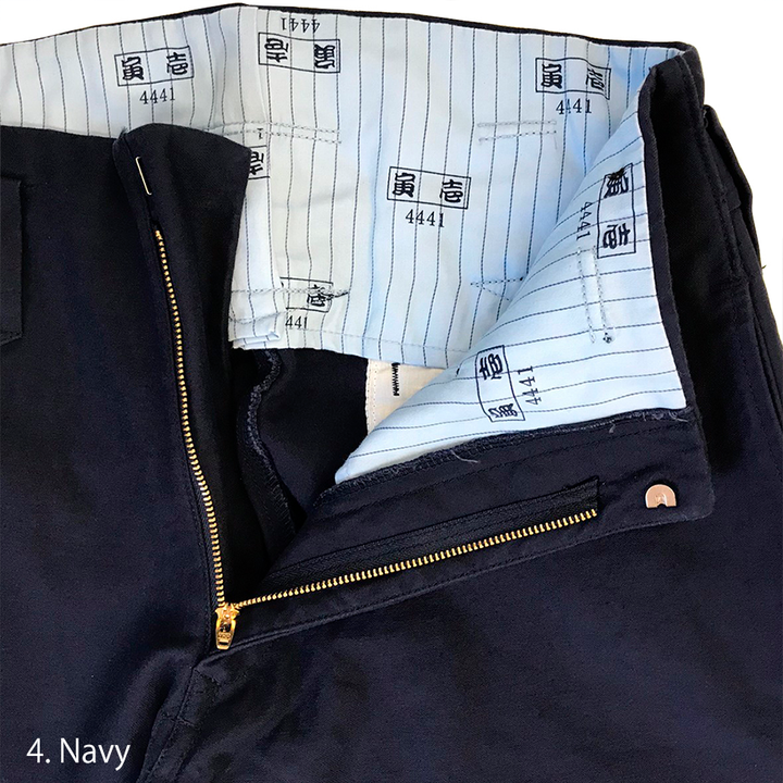 Zipper detail close-up on navy Toraichi tobi pants front opening