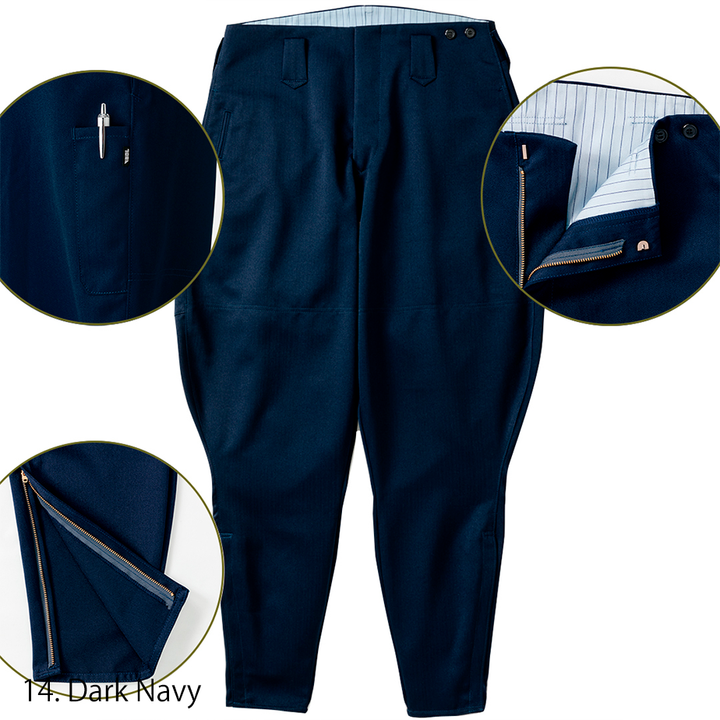 Set of Toraichi navy horse riding pants with matching details close-up