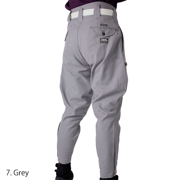 High-place work pants in grey color with ankle zipper detail