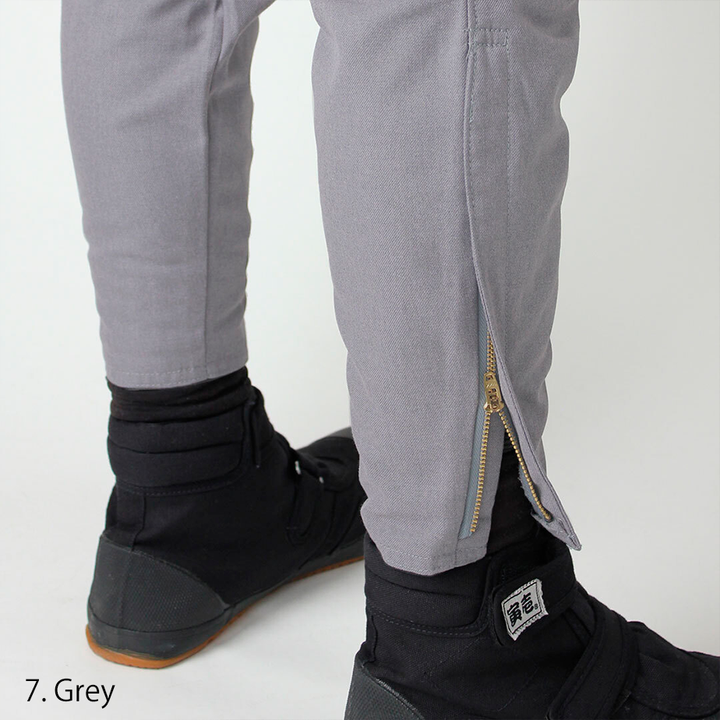 Grey tobi pants for workwear with reinforced seams and zipper cuff