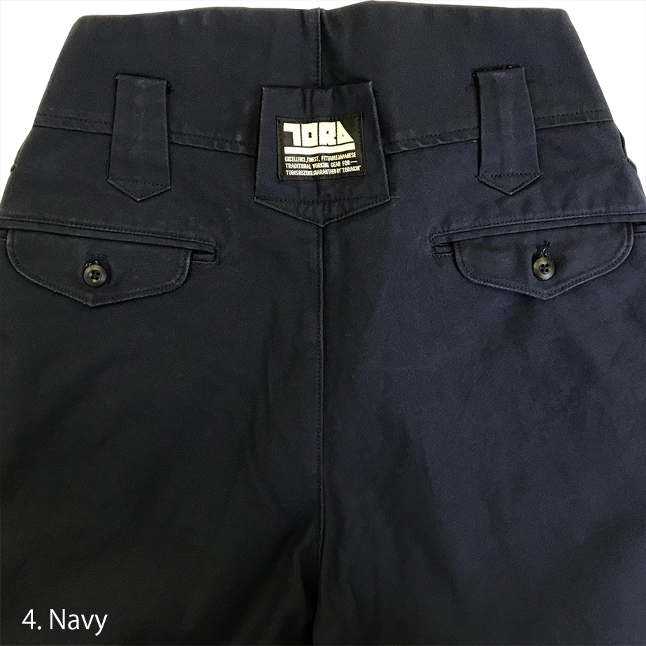 Back pocket detail of navy Toraichi Japanese workwear trousers