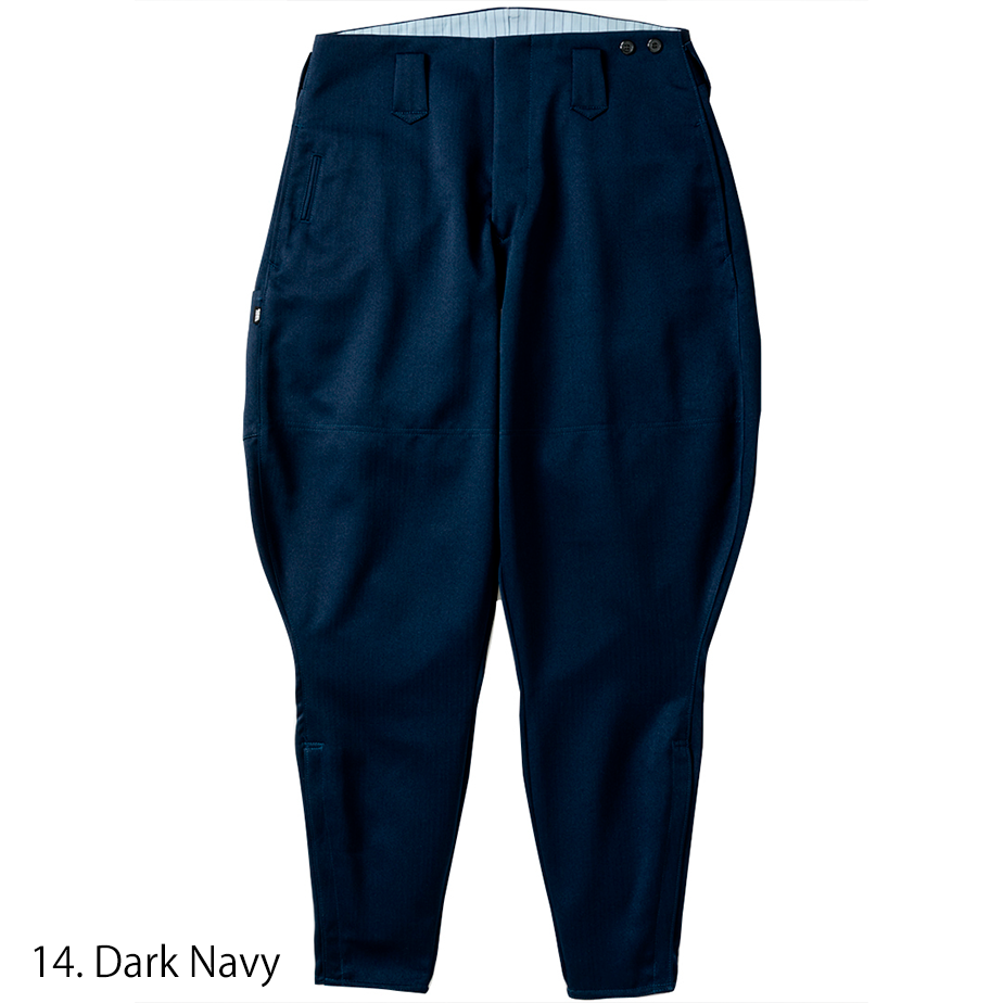 Loose fit navy Toraichi horse riding pants displayed upright