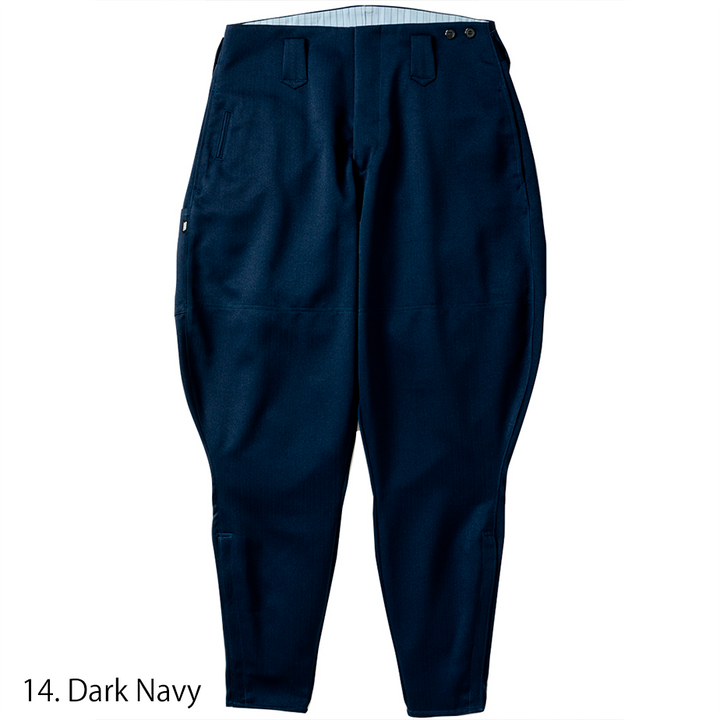 Loose fit navy Toraichi horse riding pants displayed upright
