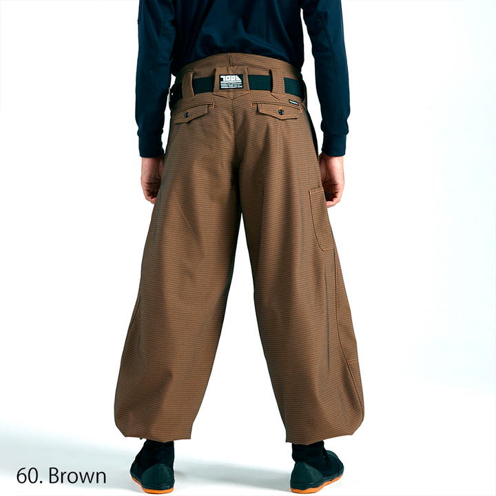 Traditional tobi pants in brown shown from the side view