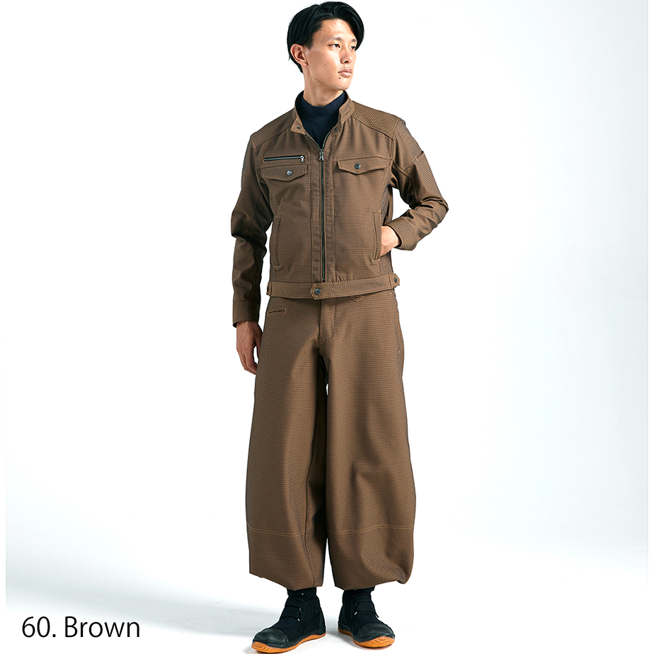 Model wearing Japanese carpenter-style trousers in brown