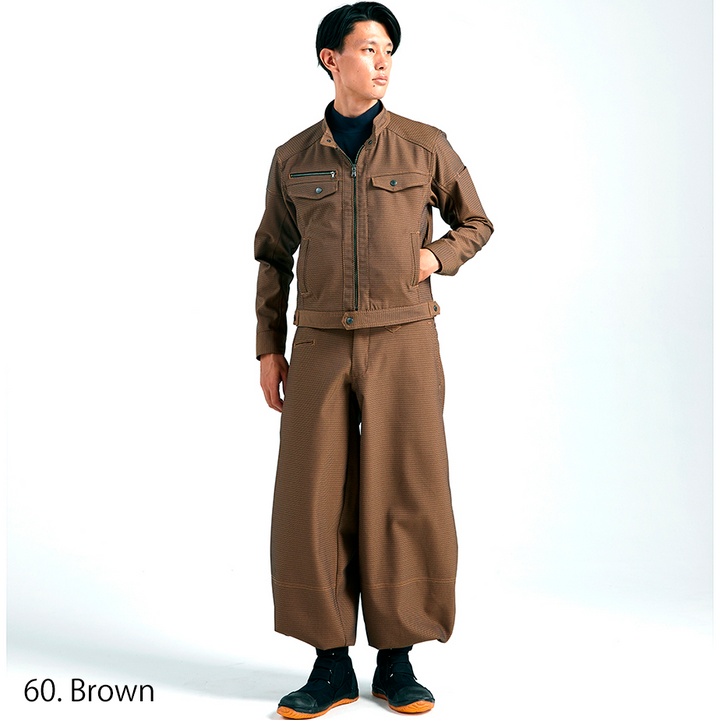 Model wearing Japanese carpenter-style trousers in brown