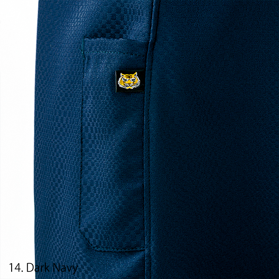 Close-up of navy slim hachibu pants with belt and boots