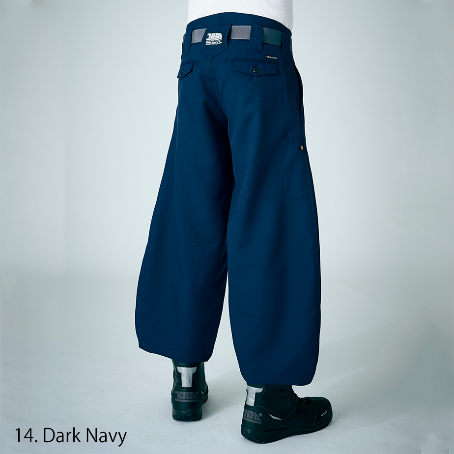 Japanese workwear tobi pants in dark navy with wide-leg silhouette
