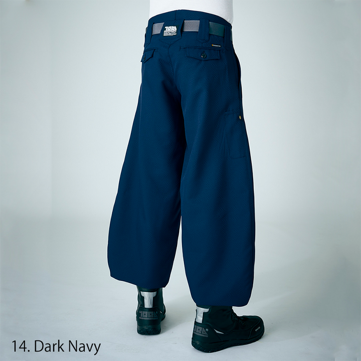 Japanese workwear tobi pants in dark navy with wide-leg silhouette
