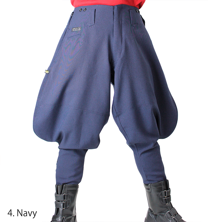 Back view of Toraichi navy tobi pants, displaying rear pockets and traditional workwear shape