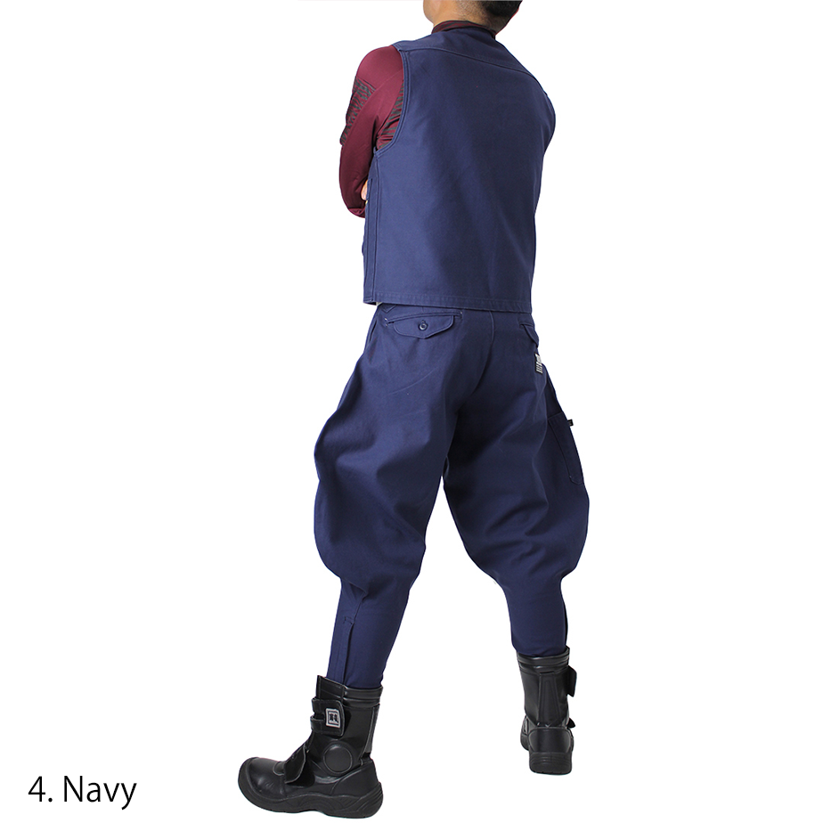 Toraichi tobi pants navy blue front worn with red shirt and boots