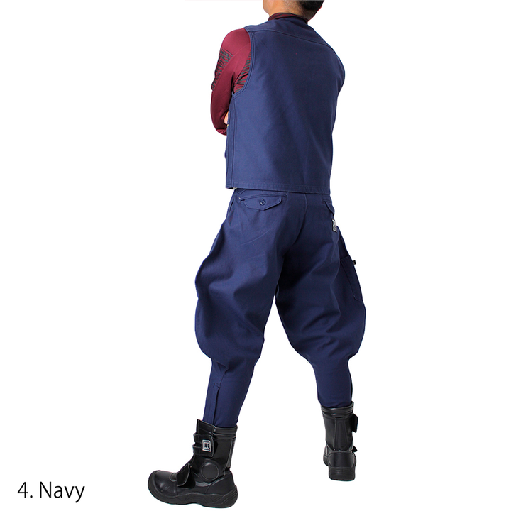 Toraichi tobi pants navy blue front worn with red shirt and boots