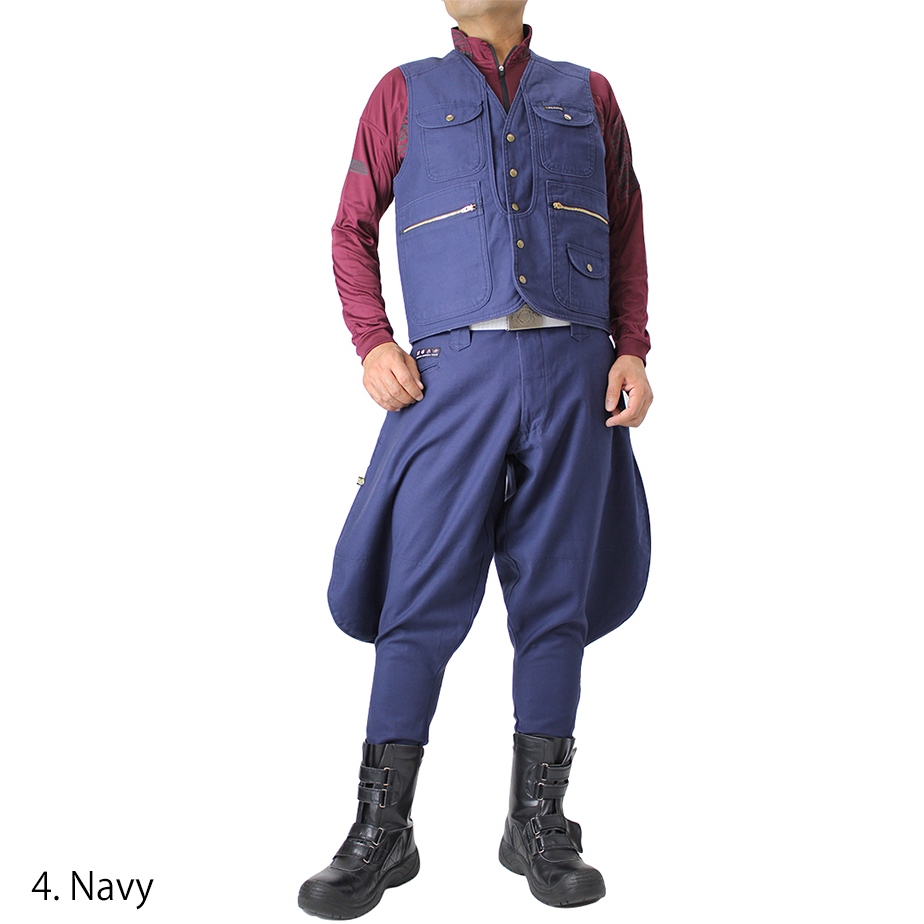 Toraichi tobi pants navy blue side profile worn with boots