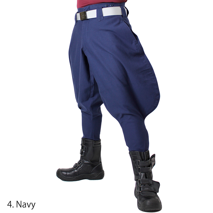 Toraichi tobi pants navy blue back worn with boots