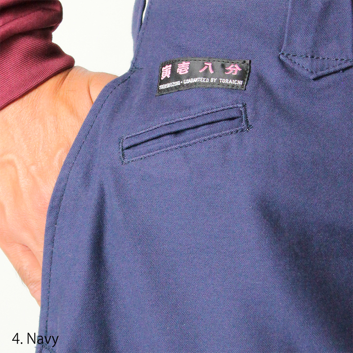 Toraichi tobi pants navy blue zipper cuff close-up