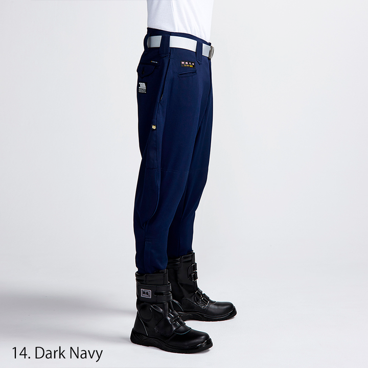 Dark navy Toraichi tobi pants, highlighting draped fabric and tucked-in cuff look