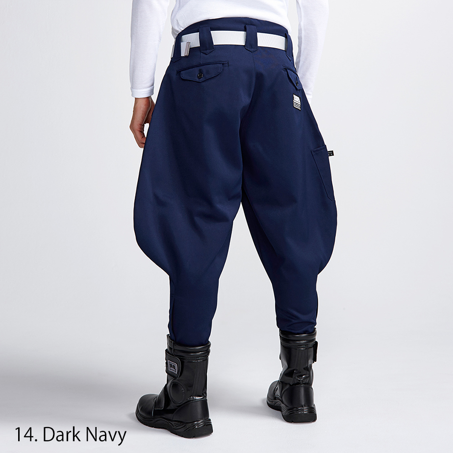 Dark navy Toraichi tobi pants, shown from behind with voluminous cut and high waist style