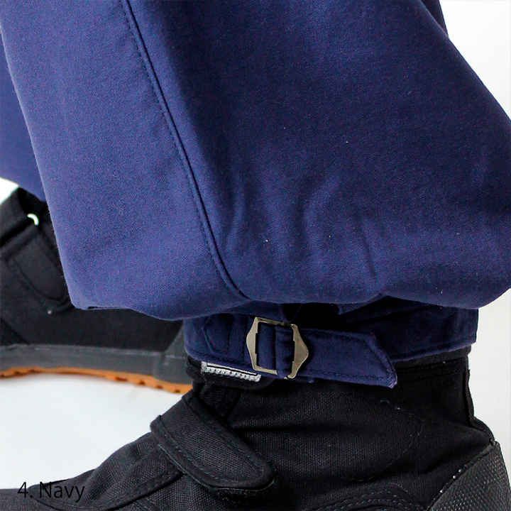 Worker wearing navy Japanese nikka pants with traditional tuck shape