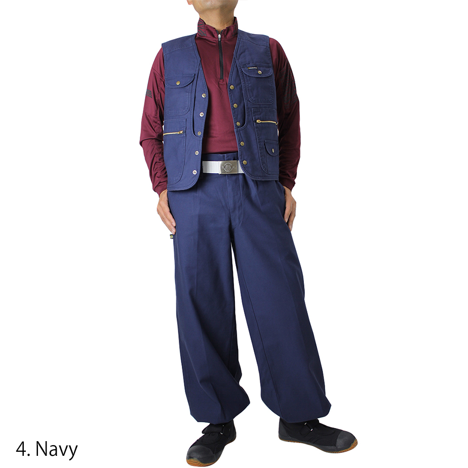 Rear view of navy Toraichi long nikka pants showing pocket detail