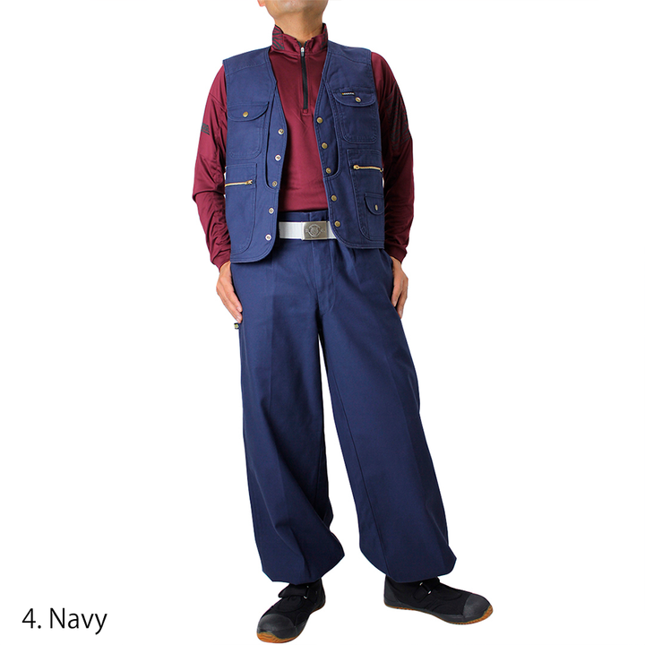 Rear view of navy Toraichi long nikka pants showing pocket detail