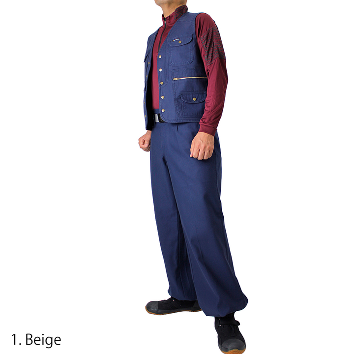 Full front view of beige long nikka pants from Toraichi workwear line