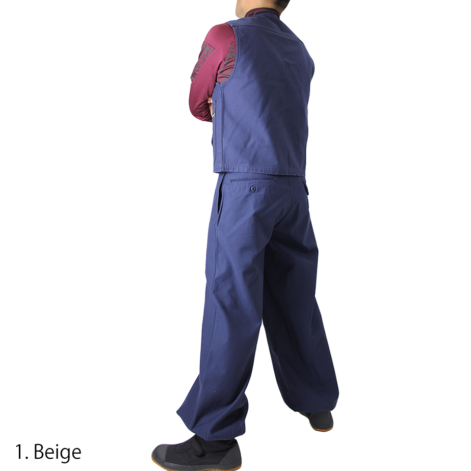 Side profile of navy Japanese workwear pants with traditional loose fit