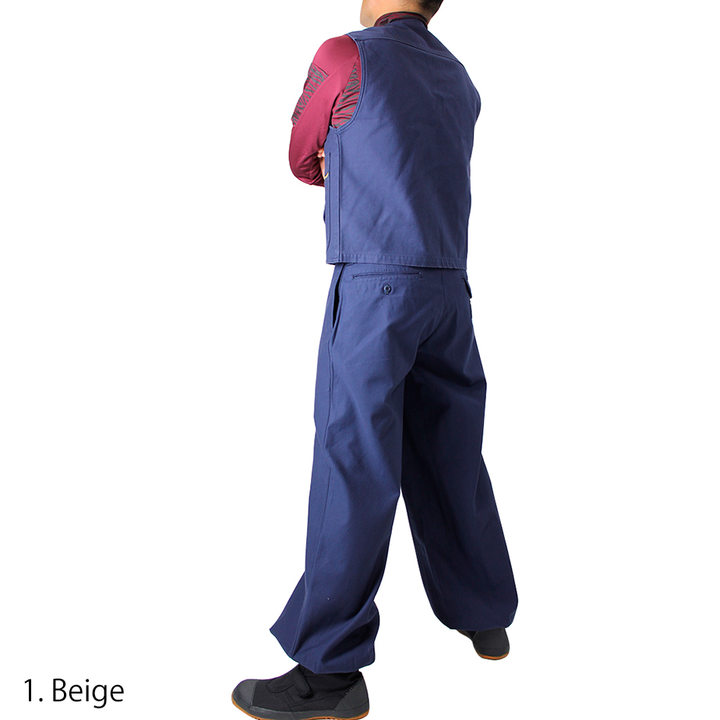 Side profile of navy Japanese workwear pants with traditional loose fit