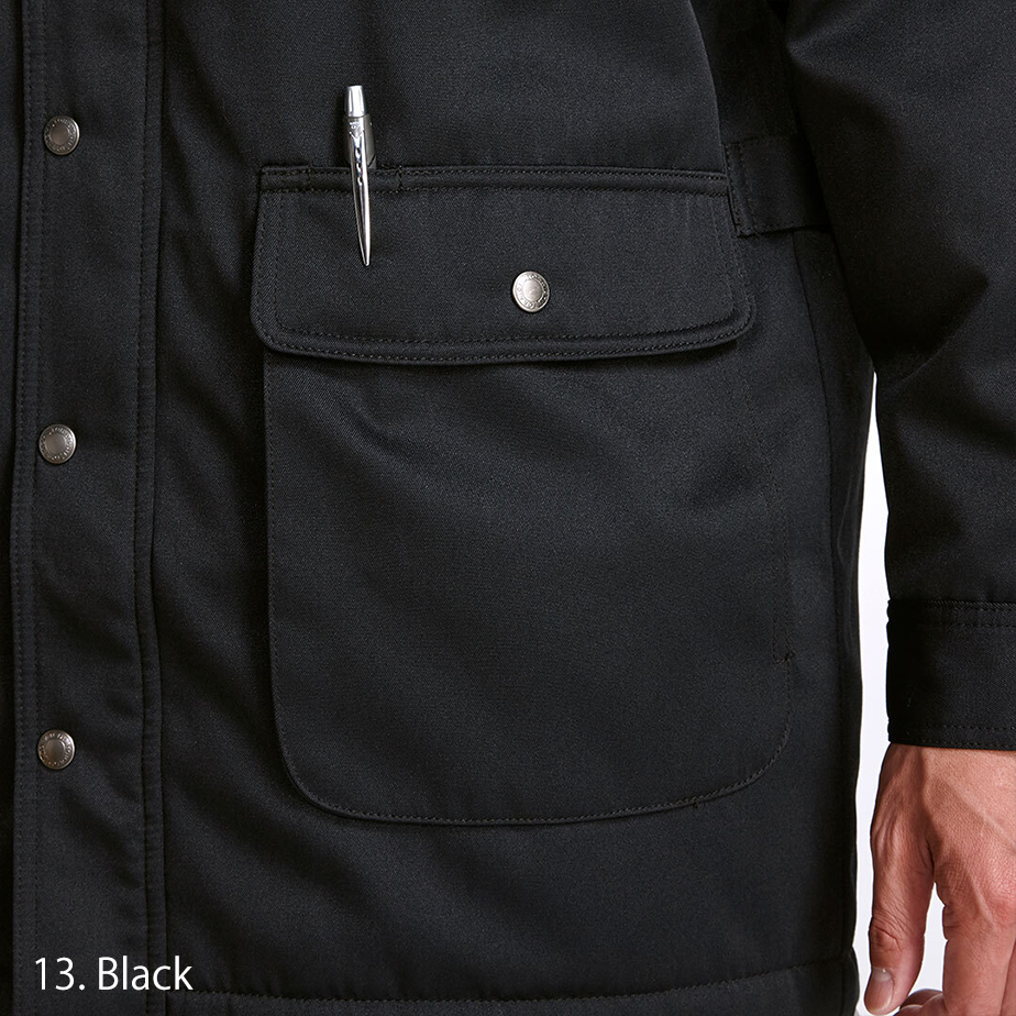 left arm sleeve pocket of the Toraichi Japanese workwear coat for added utility
