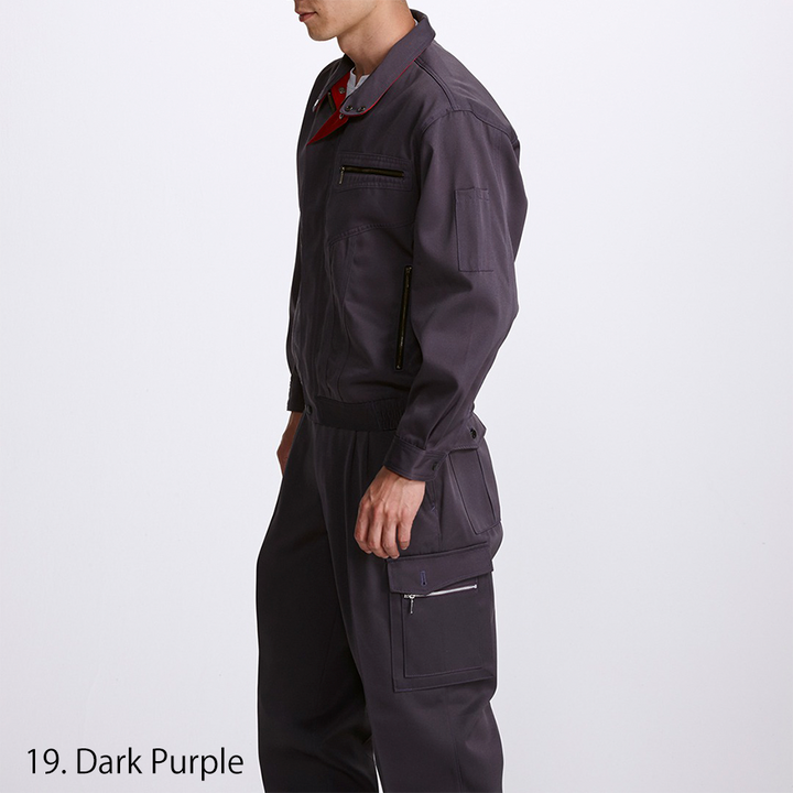 Side profile showing sleeve fit and chest zipper detail of the Toraichi Japanese workwear jacket