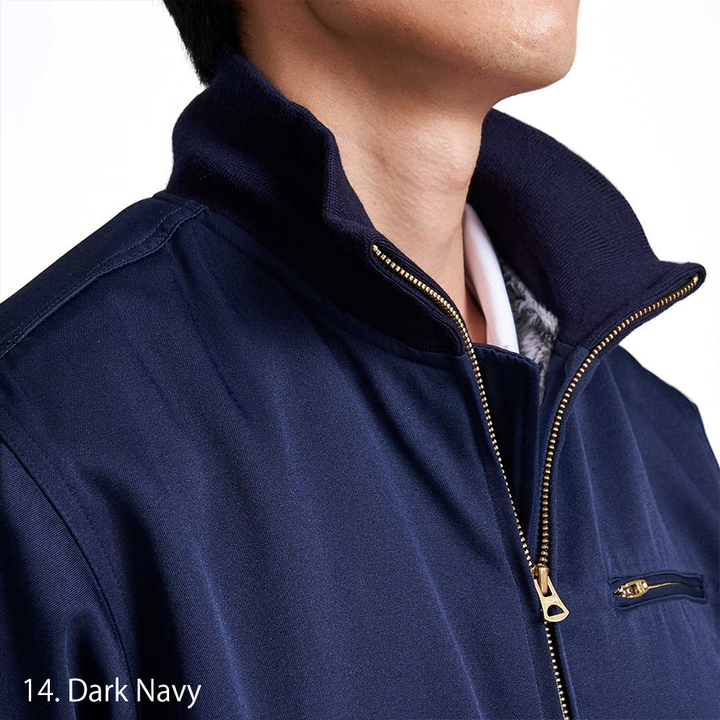 Model adjusting collar of Toraichi Tankers Jacket showing soft inner lining