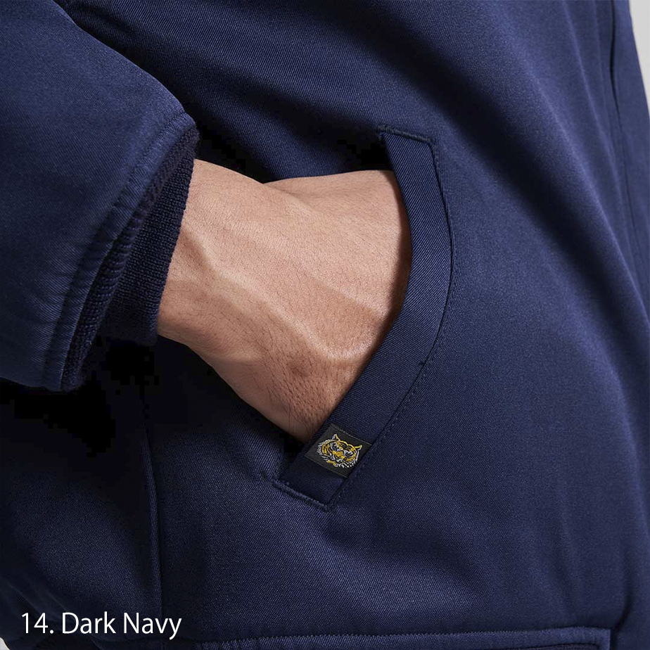 Model pairing Toraichi 2530-137 jacket with matching navy work trousers