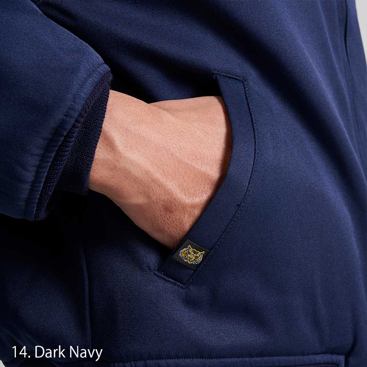 Model pairing Toraichi 2530-137 jacket with matching navy work trousers