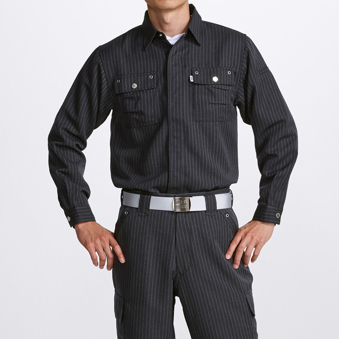 Front view of black pinstripe Toraichi tobi shirt made from durable polyester Japanese workwear fabric