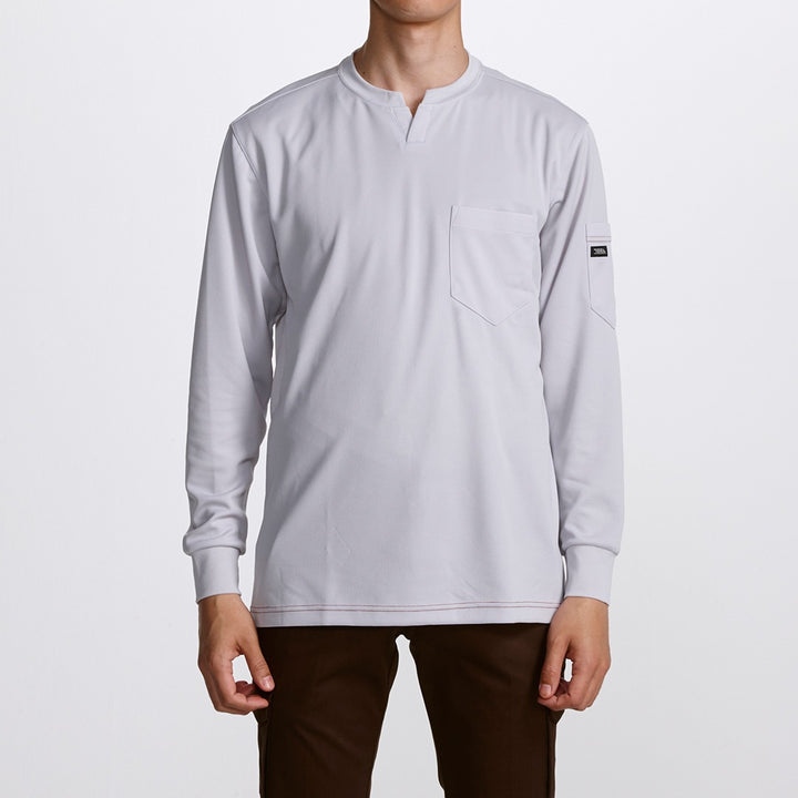 Front view of Toraichi 5959-654 key neck shirt in light gray