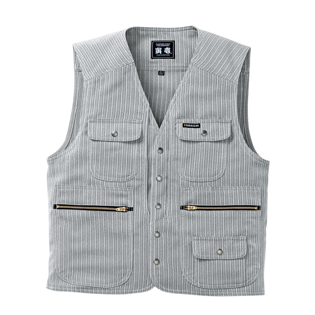 Front view of Toraichi 4309-611 tobi vest in silver pinstripe pattern