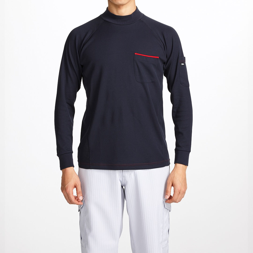 The Toraichi Japanese workwear 5960-613 long sleeve high-neck shirt in navy showing a clean fit and red pocket accent.
