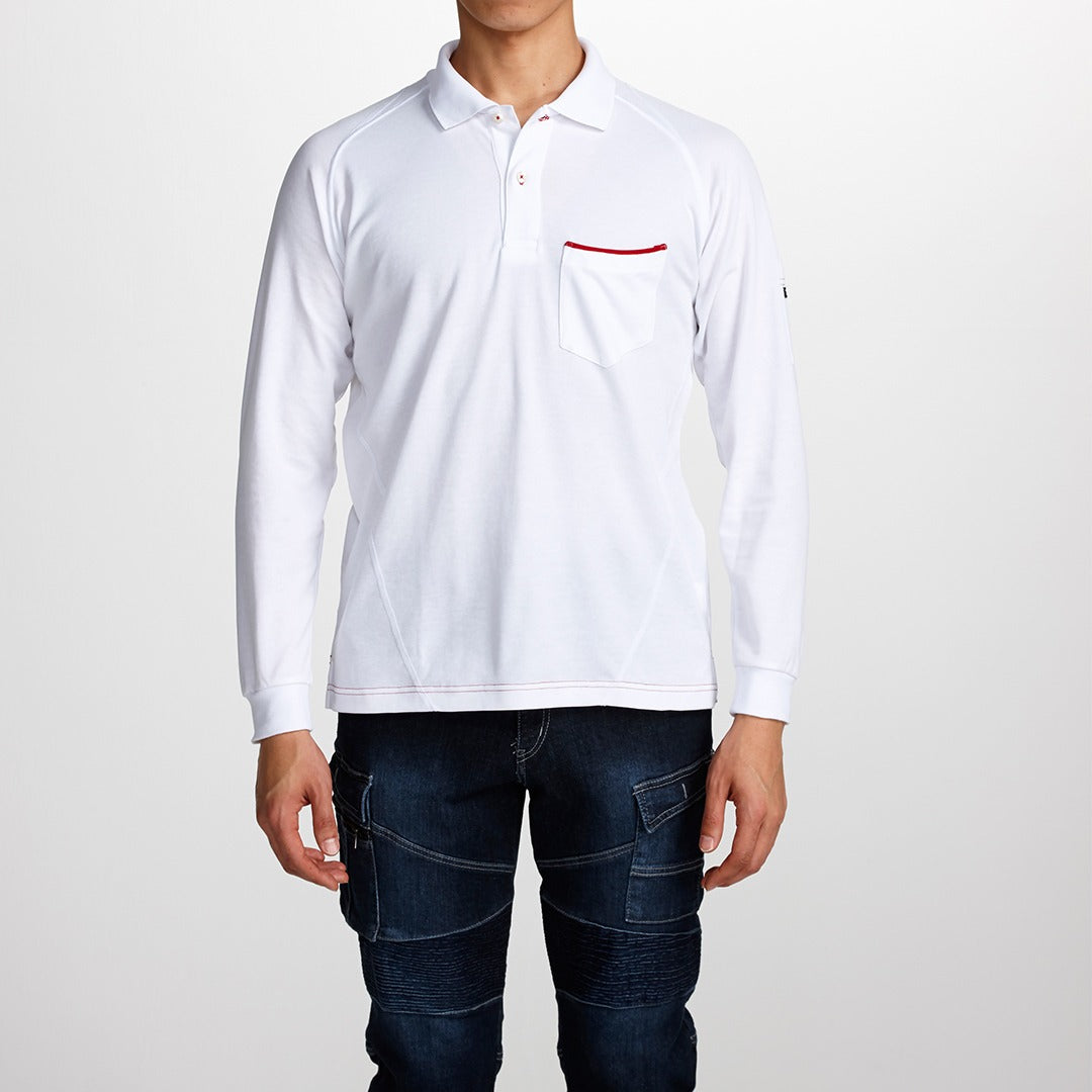 The Toraichi Japanese workwear 5960-614 long sleeve polo shirt in white showing a clean structured fit with red trim detail on the chest pocket.