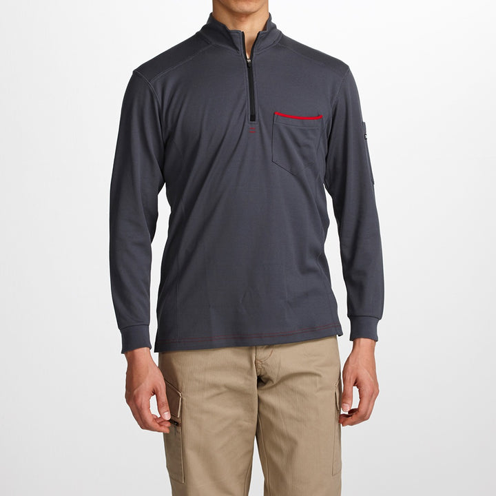 The Toraichi Japanese workwear 5960-623 zip-up high-neck shirt in dark grey showing a clean silhouette and red trim pocket accent.