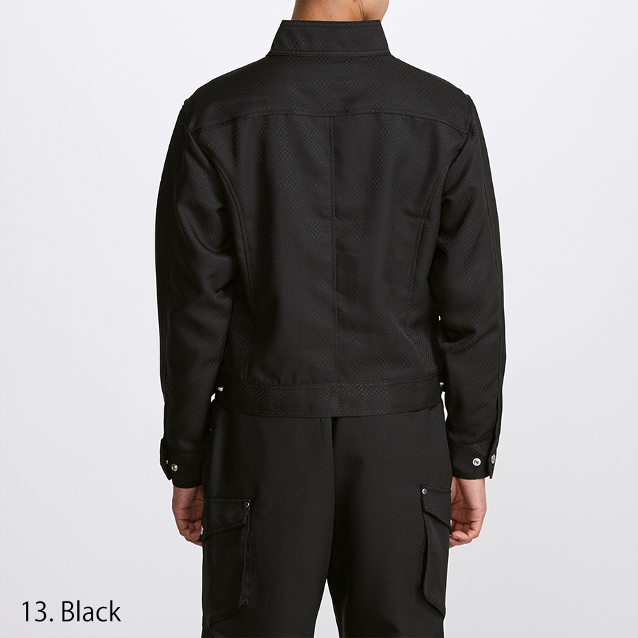 Back view highlighting the structured shoulders and short-length cut