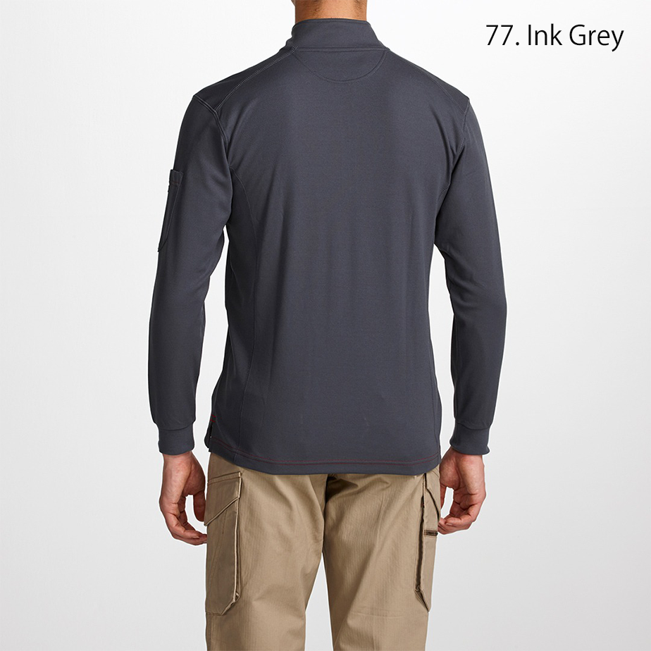 Rear view of the Toraichi Japanese workwear zip-up shirt highlighting smooth seams and ergonomic structure.