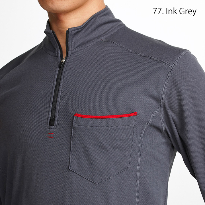 Close-up of the zipper and collar area demonstrating the half-zip design and reinforced stitching.