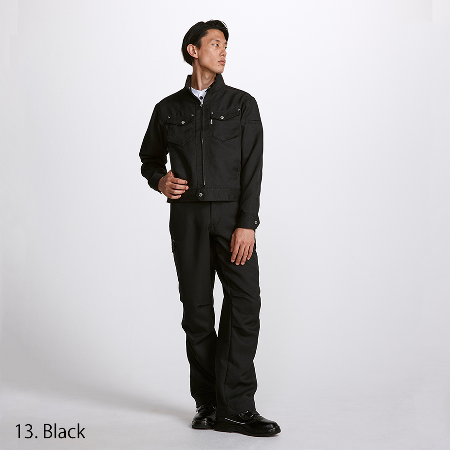 Full outfit view showing matching tobi workwear pants and riders jacket