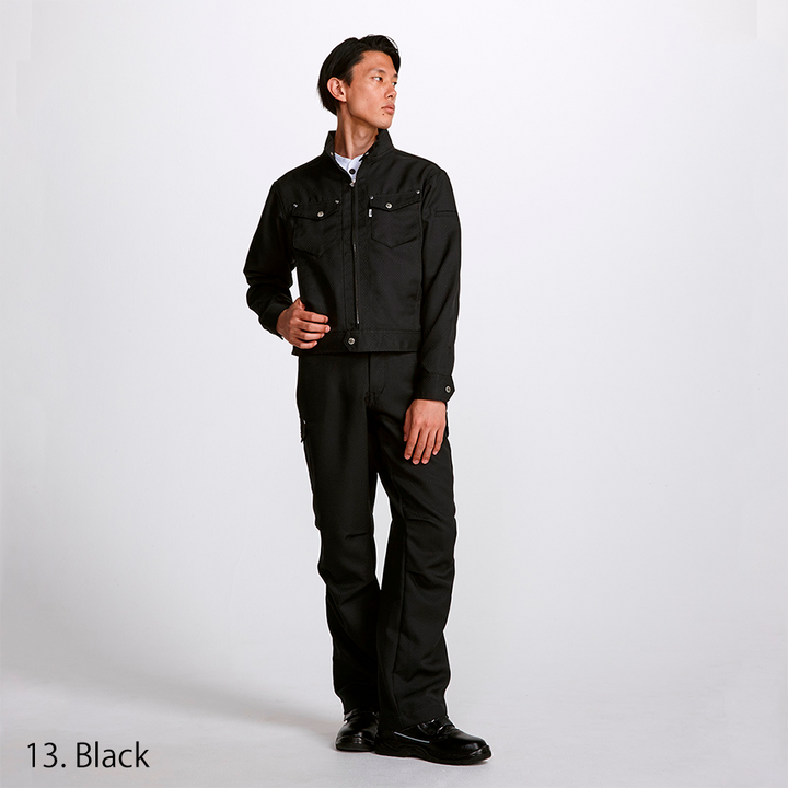 Full outfit view showing matching tobi workwear pants and riders jacket