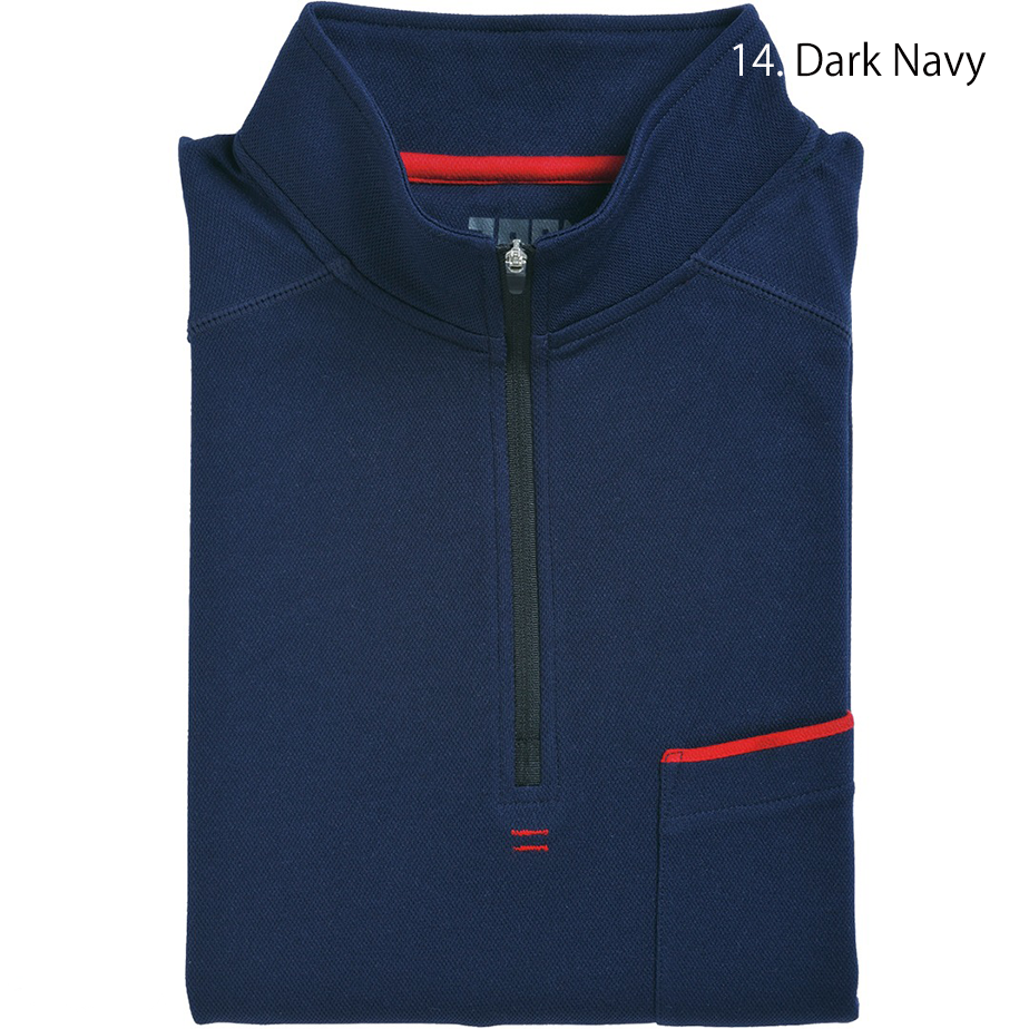 Macro shot of the Toraichi zip-up high-neck shirt fabric showing the smooth outer polyester texture and inner cotton softness.