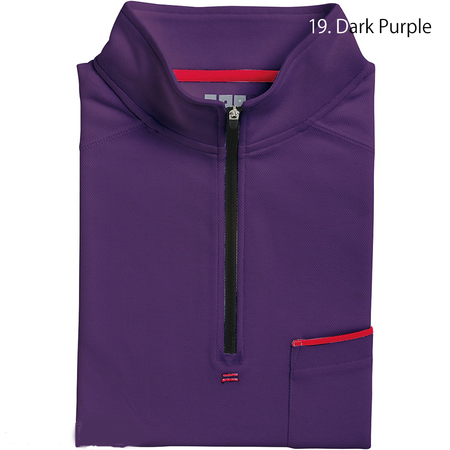 Navy variation of the Toraichi Japanese workwear high-neck shirt showing structured tailoring and breathable performance fabric.