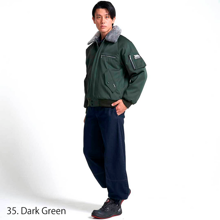 Side profile of model wearing green Toraichi pilot jumper