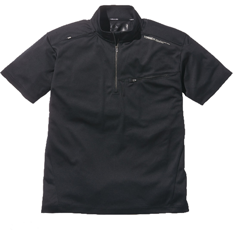 The Toraichi Japanese workwear 5975-624 short-sleeve zip-up shirt in black showing a modern high-neck silhouette with zip chest pocket.